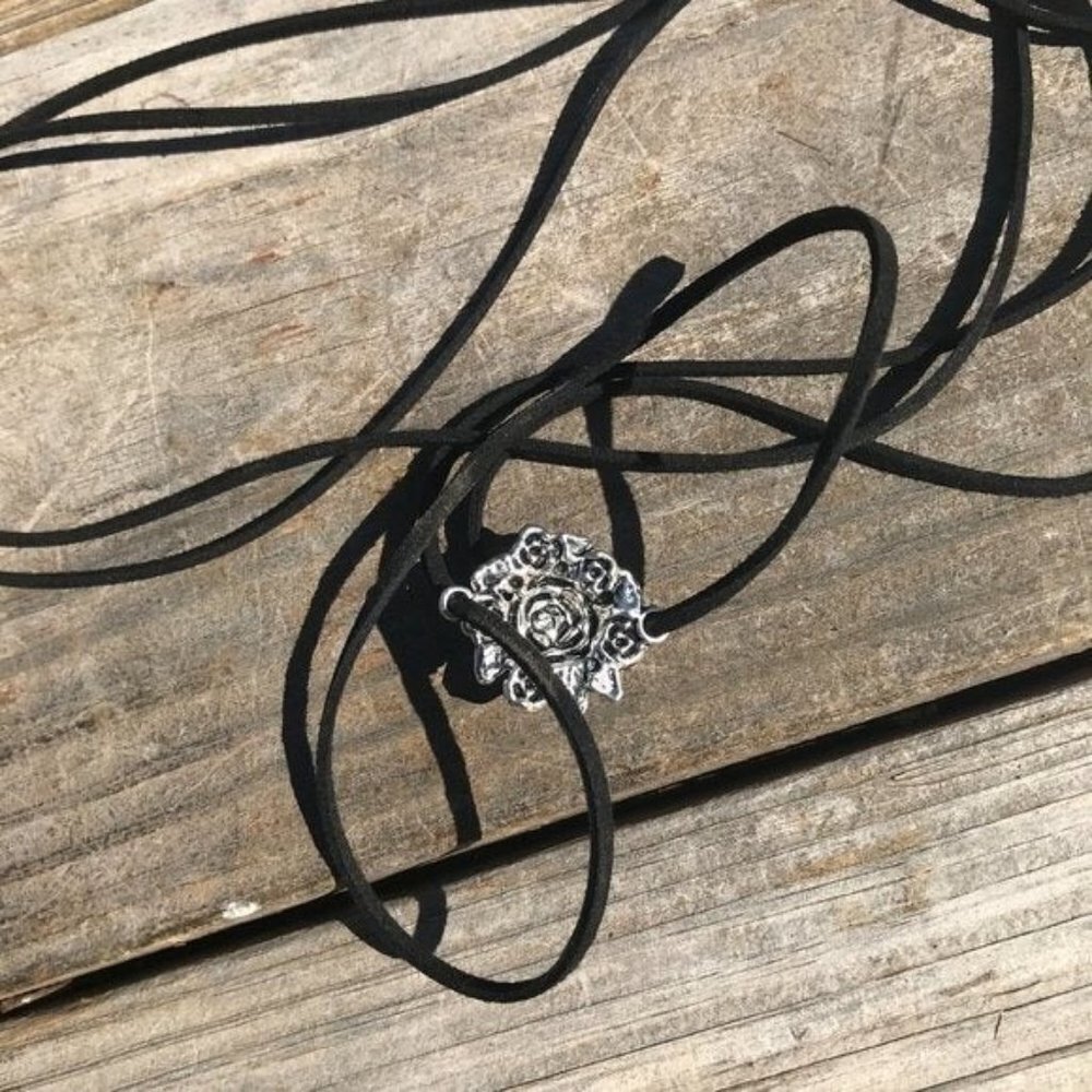 Tie Wrap Floral Rose Silver Bracelet Cuff Yoga Boho Biker Vegan Faux Leather - Picture 11 of 11